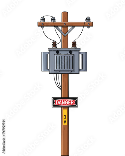 Cartoon Illustration of an Electrical Power Pole with Transformer and Danger Sign