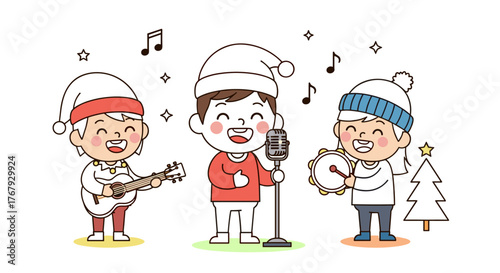 Line Art Illustration of Children Performing Christmas Carols