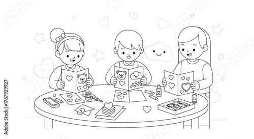 Three Children Making Valentine's Day Cards. Coloring Book style