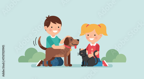 Children Playing with a Dog and a Cat