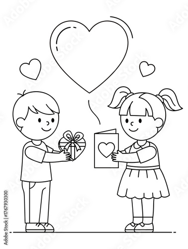 Kids Exchanging Valentine's Day Gifts. Coloring book version