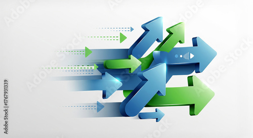 Blue and green arrows moving forward, representing progress, forward direction, business improvement, and strategic planning on a clean background