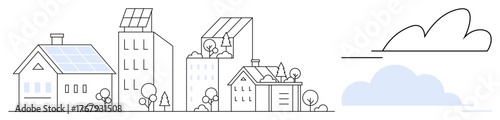 City buildings and houses with solar panels, trees, and minimalistic clouds. Ideal for sustainability, renewable energy, urban living, eco-friendly living, environmental awareness, green