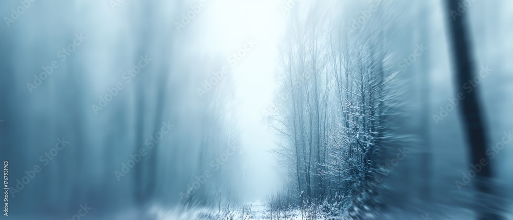 Fototapeta premium Mystical winter forest with snow-covered trees and blurry atmospheric haze. Space for text, wallpaper, banner