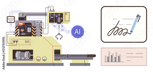 Advanced robotic machine integrating AI for automated production, paired with analytics dashboard and digital pen signature. Ideal for technology, automation, innovation, AI, manufacturing, process