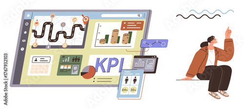 Interactive KPI dashboard with charts, analytics, maps, and a person brainstorming ideas. Ideal for analytics, planning, growth, business strategy teamwork performance and innovation. A simple