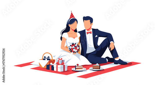 Newlywed couple at birthday picnic illustration for anniversary greeting card and event design