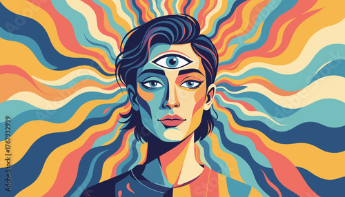 Psychedelic art of a person with third eye for esoteric poster or creative album cover design