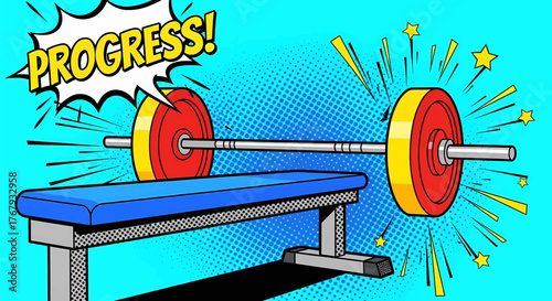 Dynamic energy of sports progress with a barbell in a pop art vector illustration for gym motivation