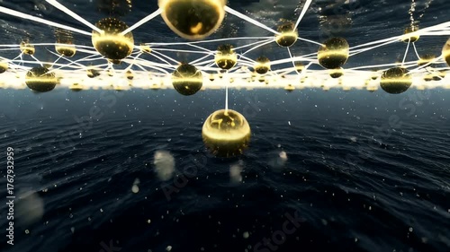 Abstract representation of interconnected spheres floating above dark water