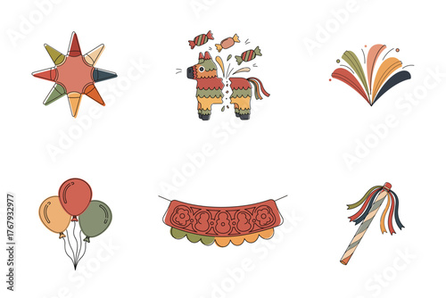 Set of hand-drawn fiesta icons for Mexican party invitation and holiday design