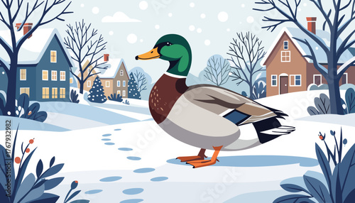 Stylized mallard duck in a snowy village, a winter illustration for holiday card or book design