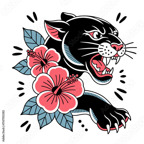 A traditional tattoo-style illustration of a black
panther head with an open mouth showing sharp white fangs, drawn in a classic old school style