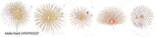 fireworks set isolated on white background, realistic artistic illustration showing colorful explosions and sparkling lights symbolizing celebration and festivity