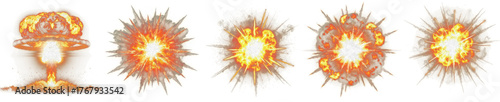 explosions and mushroom clouds isolated on white background, detailed artistic depiction of fiery blasts and smoke plumes symbolizing power and destruction