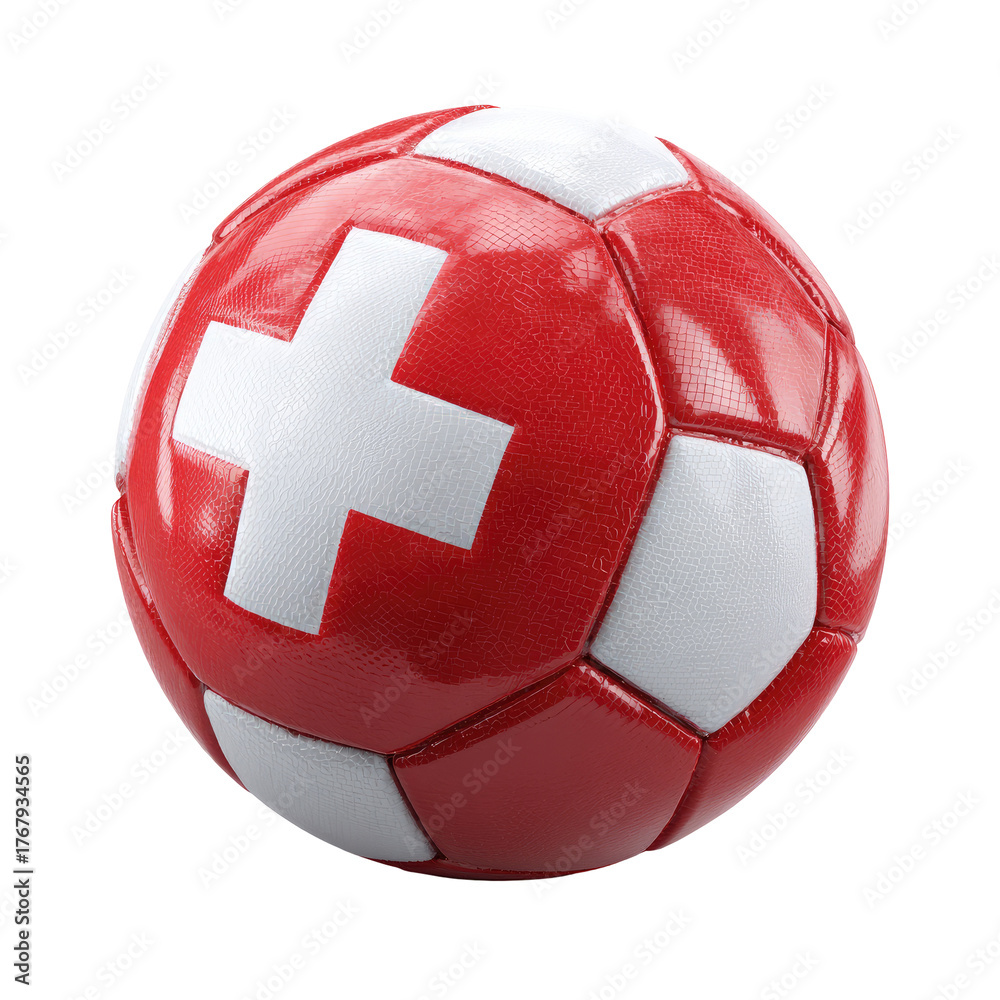 Fototapeta premium A soccer ball is patterned with alternating white panels and red panels, plus a prominent white cross
