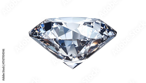 Sparkling, faceted diamond viewed in profile. The facets create bright highlights and complex internal reflections