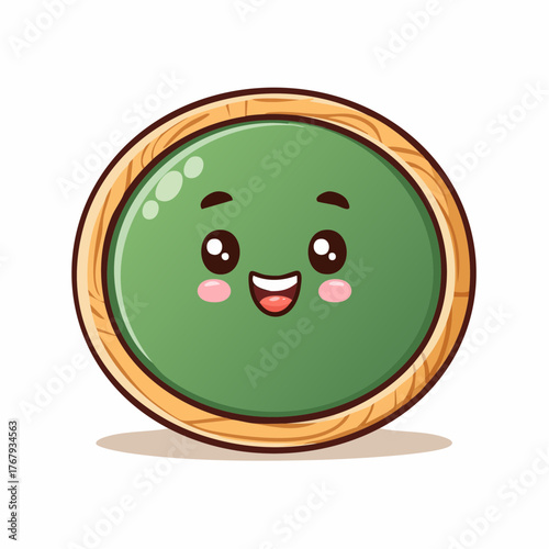 Adorable happy green circle character with rosy cheeks and sparkling eyes, radiating positivity and charm, perfect for children's content and whimsical designs