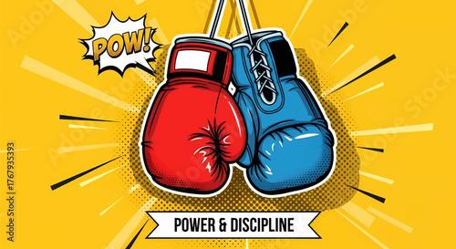 A pop art vector illustration of boxing gloves showing dynamic energy. A motivational sports concept