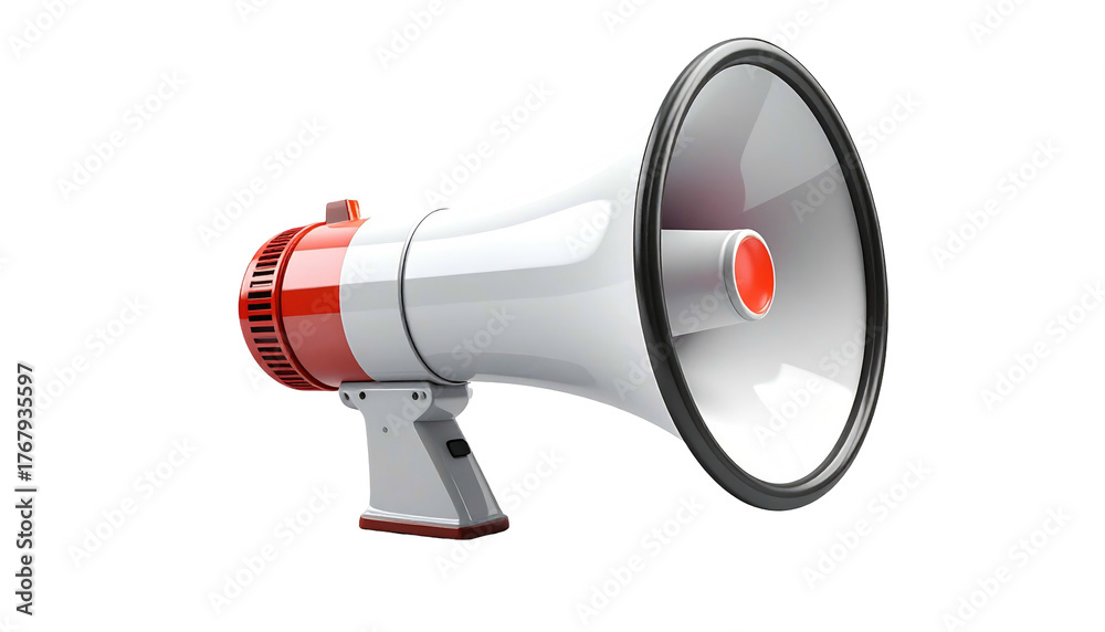 Naklejka premium A 3D rendering of a red and white megaphone, isolated against a stark black backdrop, showcasing its form
