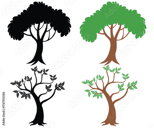  Set of Green Trees and Black Vector Illustrations and Silhouettes Clip-art for Graphic Design