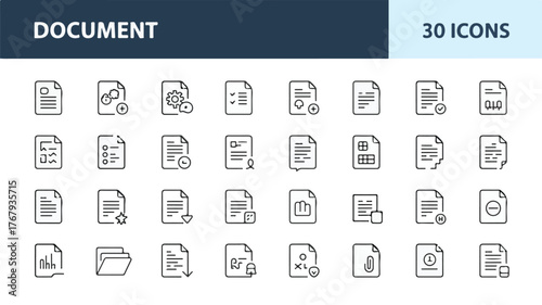 30 minimalist document line icons, 5 rows, clean white background