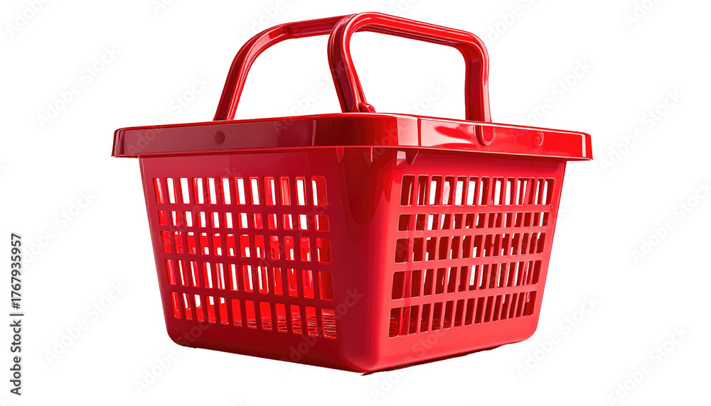 Fototapeta premium A vibrant, empty red plastic shopping basket with geometric lattice design against a stark black background
