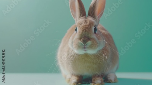A fluffy brown rabbit sits calmly on a pastel green surface, showcasing its adorable features and curious expression
