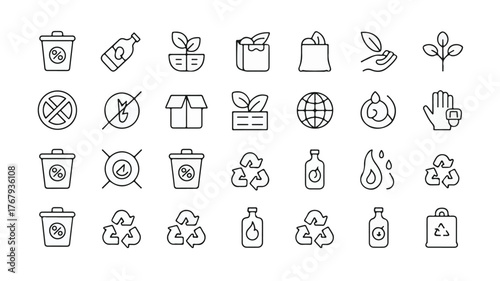 30 minimalist environmental recycling line icons, thin black lines, white background