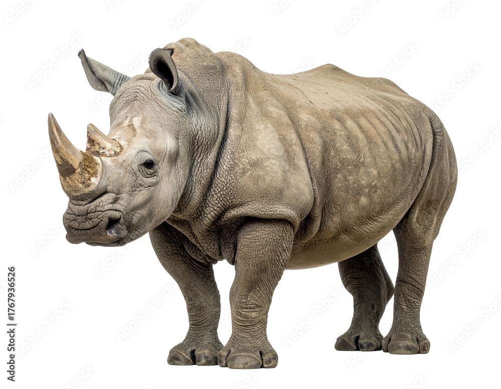 Fototapeta premium Rhinoceros standing, facing camera, displaying powerful horn