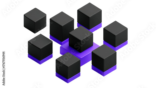 Isometric view seven dark cubes stacked on a small violet base, violet platform in the center