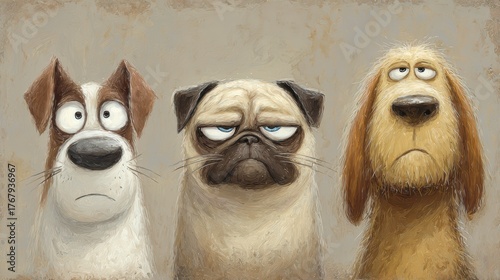Three expressive cartoon dogs with distinctive features and funny moods create humorous and unique animal portraits