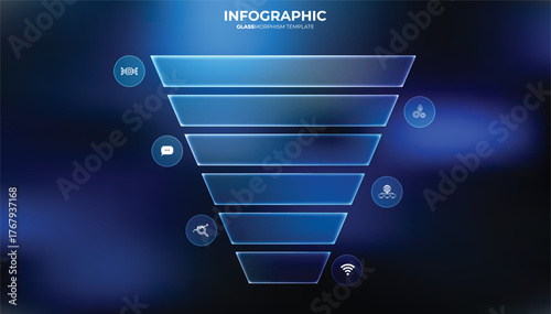 Modern and glassmorphism funnel chart template with 6 sections. Creative diagram divided into six parts with technology icons and place for your text content. UI UX Design marketing. Futuristic 