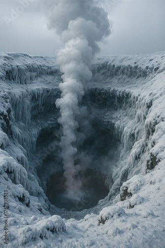 Geyser roaring in frozen canyon
