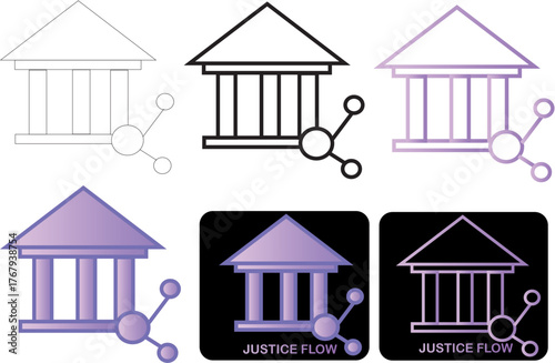 Legal and judicial building icon set with network nodes, representing digital jurisprudence, online law, and modern government systems