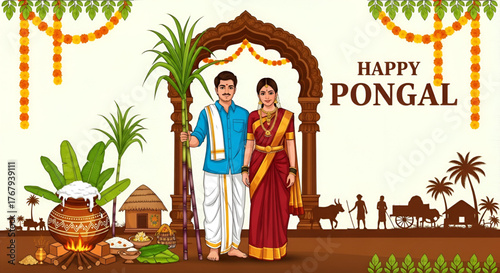 Happy Pongal Vector Calligraphy Hand Lettering Typography With Traditional Clay Pot And Green Palm Leaves Isolated On White Background Celebrating Indian Harvest Festival