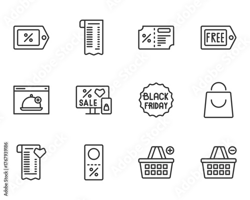 Black Friday Line Icons Set With Shopping Online, Gift, Pay, Discount , Price, Voucher, Order, Shopping Bag, Basket, Bill, Coupons, Wishlist