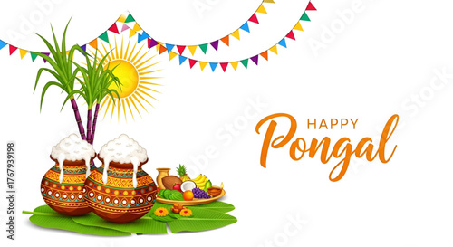 Happy Pongal Festival Decoration With Traditional Mud Pot Sugarcane Leaves Diya Oil Lamp And Rangoli On Dark Blue Bokeh Background For Indian Harvest Celebration Makar Sankranti