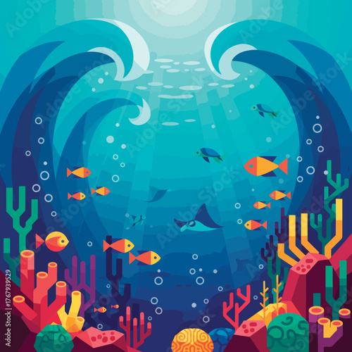 An artistic vector illustration of the deep blue underwater world background features colorful sea life, fish, and coral under the sun's light