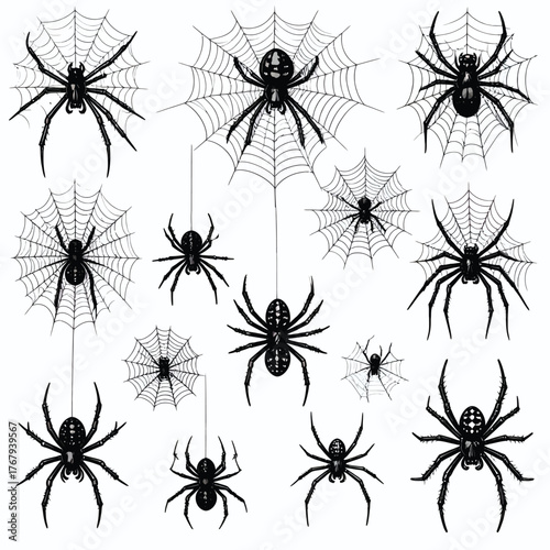 Black seamless vector pattern illustration set with spider web and insect bug silhouettes design for Halloween