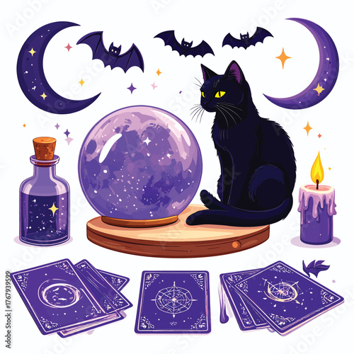Black vector cartoon cat silhouette illustration with moon and stars on a spooky dark Halloween night background