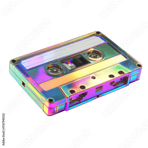 An iridescent cassette tape glows with rainbow sheen against a dark background. Detailed mechanical features visible