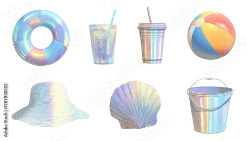 Colorful Holographic Objects on Transparent Background for Summer Theme