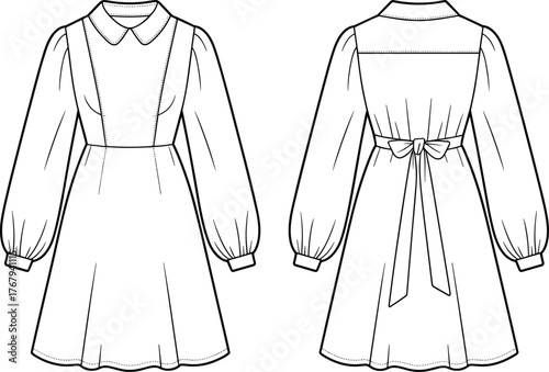 Flared dress design, puff sleeve fashion, pointed collar, princess seam, sash bow back, technical sketch, garment vector, apparel template