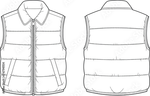 Sleeveless padded vest vector, front and back view, fashion flat sketch, garment design template, clothing construction drawing, editable outline