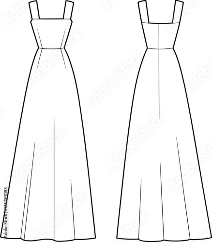 Sleeveless long dress, square neckline fashion, flared panel skirt, technical sketch, garment vector, apparel template, flat illustration, high waist
