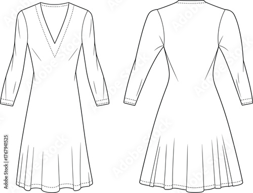 V-neck dress design, flared skirt fashion, three-quarter sleeve, technical sketch, garment vector, apparel template, flat illustration, pull-over style