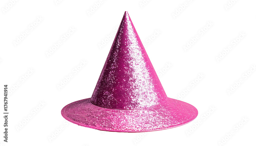 Fototapeta premium Pink cone-shaped hat with a wide brim, isolated on a black background, creating a simple, shiny, whimsical image