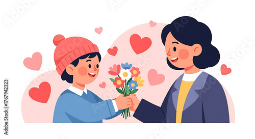 Loving son gives bouquet to mother heartwarming Mother's Day gift