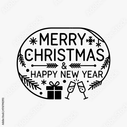 The flat design Merry Christmas and Happy New Year focuses on simplicity and ease of recognition. Vector Sign for Banners, Logos, Labels, and Icons.
